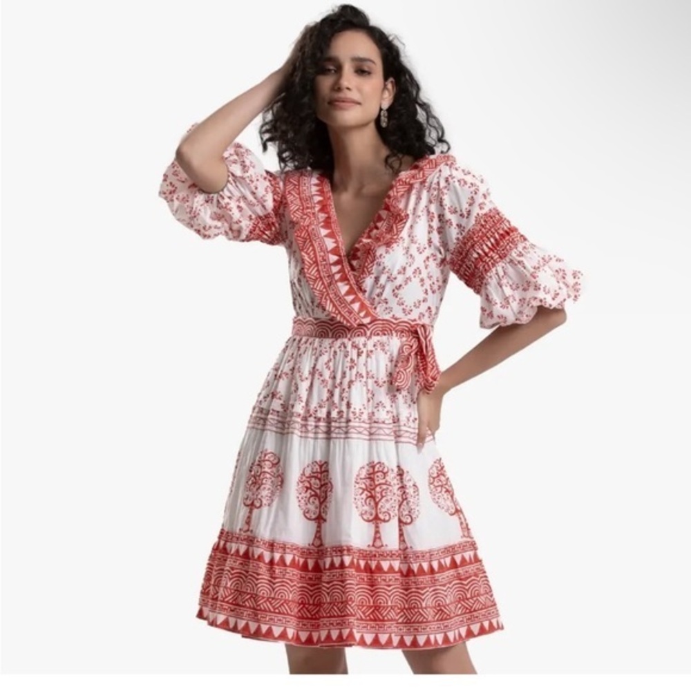 Ash & Eden DINARA MINI WRAP DRESS balloon sleeve - Cotton block print Tuckernuck